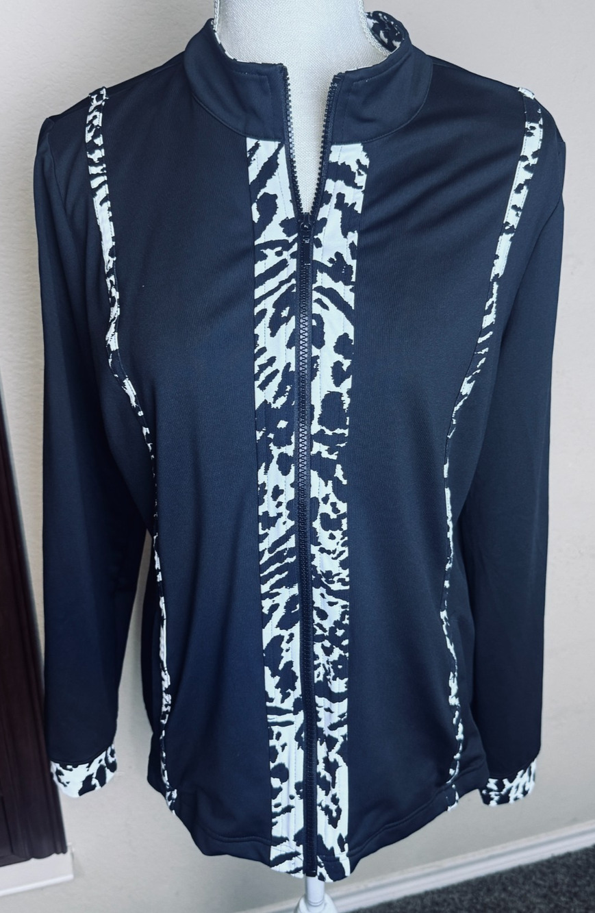 Chicos Zenergy Black Jacket sz 1/M Full Zip leopard trim Old Money track workout
